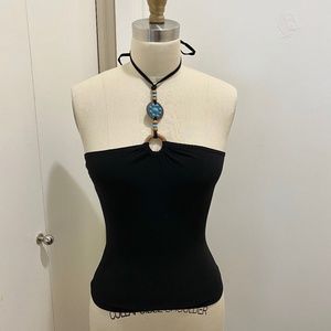 Rosee Halter Top Black w/ Turquoise Beaded Charm S